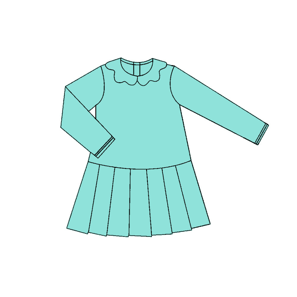 11.3 GLD1452 Pre order No Moq Yoga fabric Baby Girls Aqua Long Sleeve Collar Pleated Knee Length Dresses