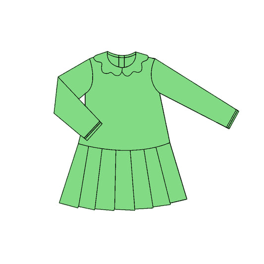 11.3 GLD1457 Pre order No Moq Yoga fabric Baby Girls Green Long Sleeve Collar Pleated Knee Length Dresses