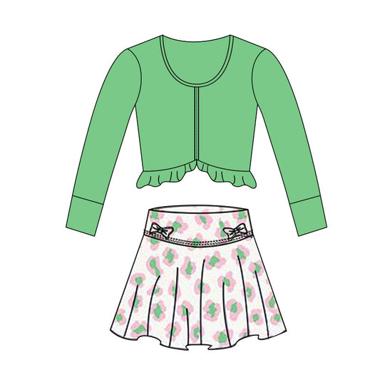 11.3 GLD1463 Pre order No Moq Yoga fabric Baby Girls Green Zipper Jackets Leopard Bows Skirts Shorts Yoga Clothes Sets
