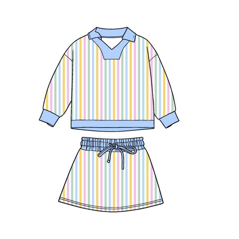 11.3 GLD1465 Pre order No Moq Baby Girls Colorful Stripe Long Sleeve Top Skirts Shorts Clothes Sets