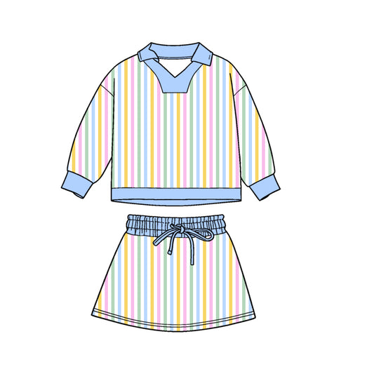 11.3 GLD1465 Pre order No Moq Baby Girls Colorful Stripe Long Sleeve Top Skirts Shorts Clothes Sets