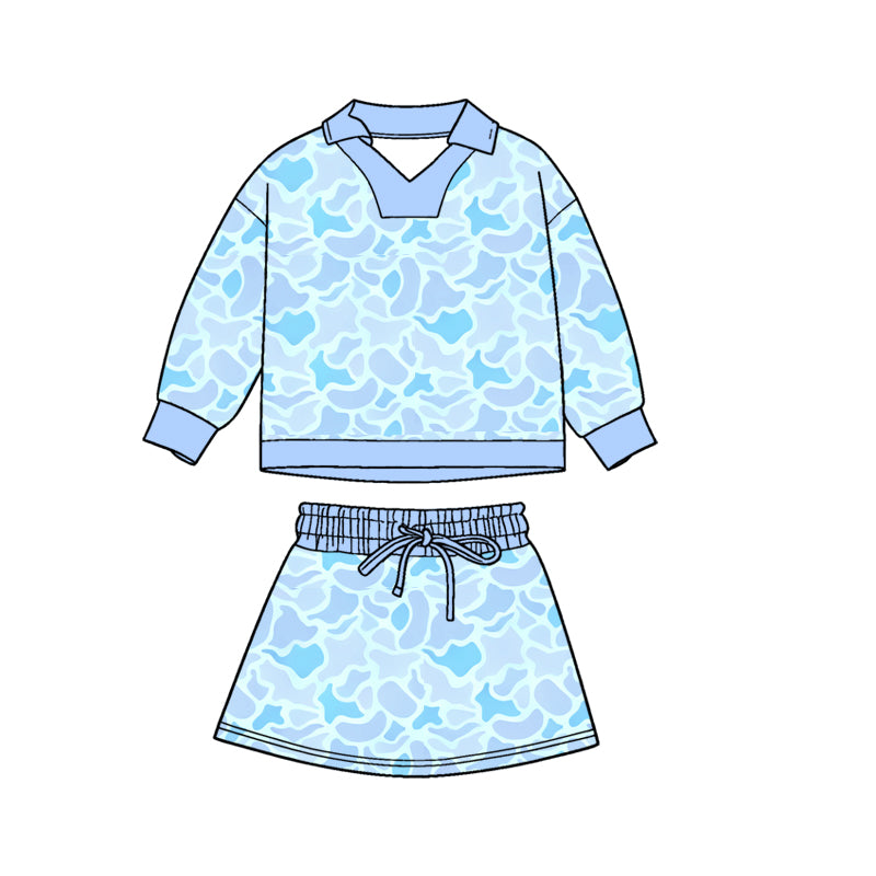 11.3 GLD1466 Pre order No Moq Baby Girls Light Blue Camo Long Sleeve Top Skirts Shorts Clothes Sets