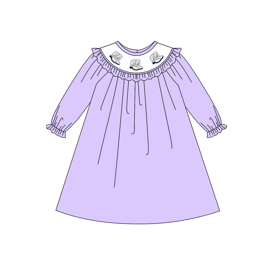 11.4 GLD1469 Pre order No Moq Baby Girls Lavender Boots Tassel Mardigras Ruffle Sleeve Knee length Dresses