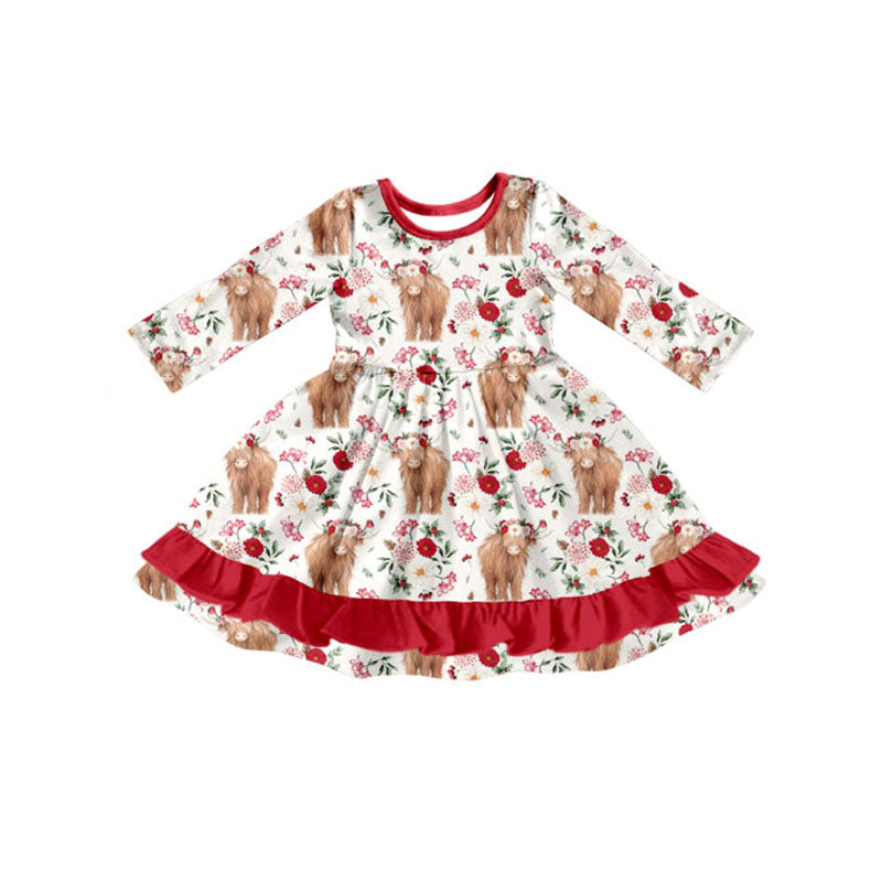 11.4 GLD1470 Pre order No Moq Baby Girls Floral Highland Cows Western Ruffle Knee length Dresses