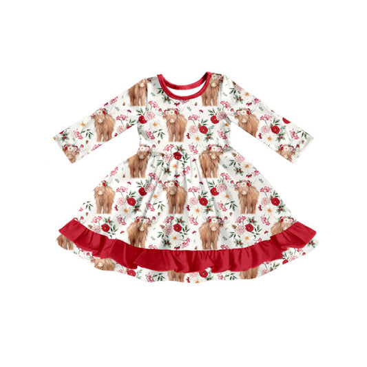 11.4 GLD1470 Pre order No Moq Baby Girls Floral Highland Cows Western Ruffle Knee length Dresses