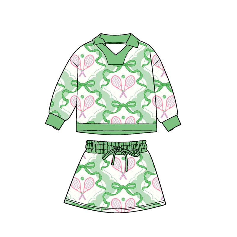 11.4 GLD1471 Pre order No Moq Baby Girls Green Bows Tennis Long Sleeve Skirts Shorts Clothes Sets