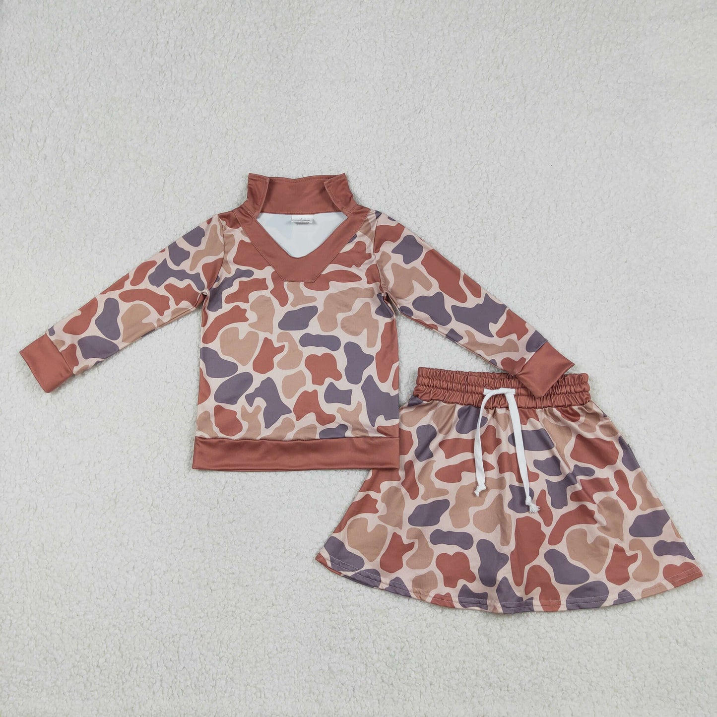 12.24 RTS NO MOQ （In stock）GLD1476 Baby Girls Southern Khaki Camo Long Sleeve Top Skirts Shorts Clothes Sets