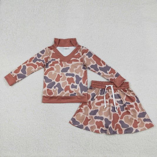 12.24 RTS NO MOQ （In stock）GLD1476 Baby Girls Southern Khaki Camo Long Sleeve Top Skirts Shorts Clothes Sets