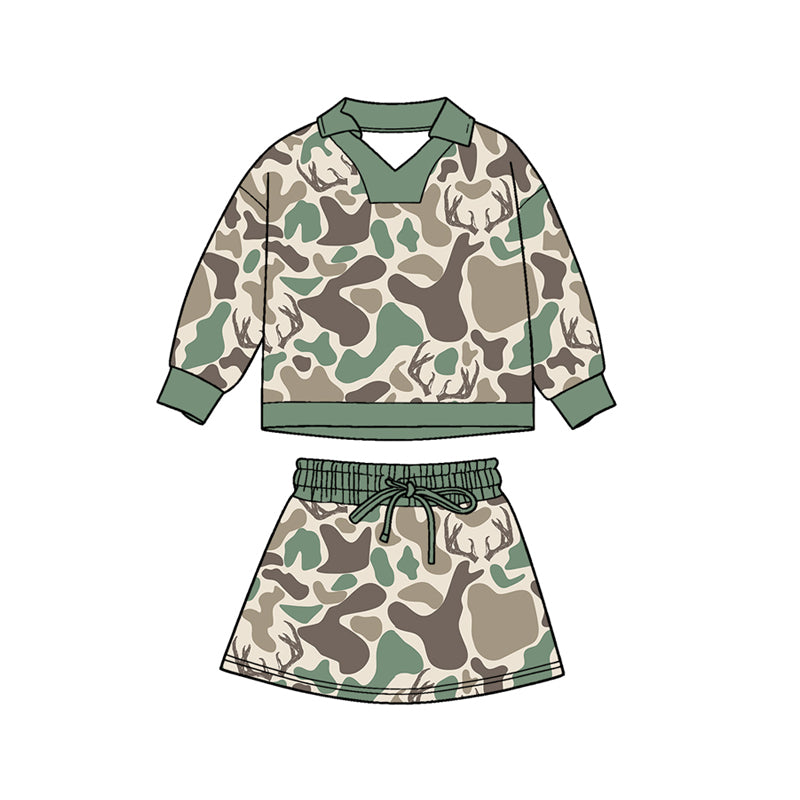 11.4 GLD1477 Pre order No Moq Baby Girls Green Deer Camo Long Sleeve Skirts Shorts Hunting Clothes Sets