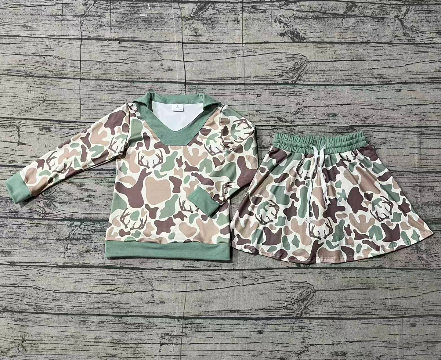 12.4 GLD1477 Smple No Moq Baby Girls Green Deer Camo Long Sleeve Skirts Shorts Hunting Clothes Sets