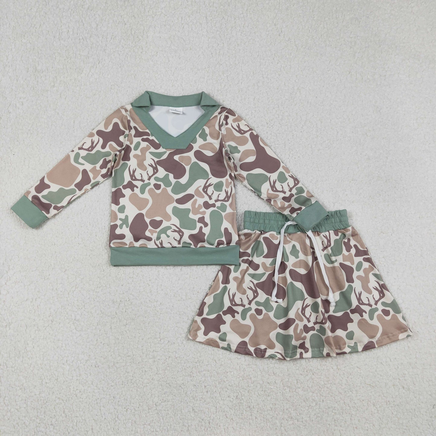 12.19 RTS NO MOQ （In stock）GLD1477 Baby Girls Southern Hunting Deer Camo Long Sleeve Top Skirts Shorts Clothes Sets
