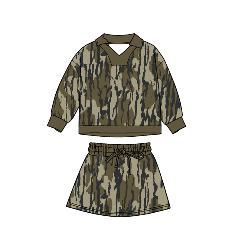 11.4 GLD1478 Pre order No Moq Baby Girls Olive Camo Long Sleeve Skirts Shorts Hunting Clothes Sets
