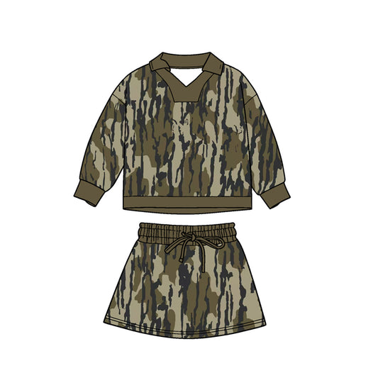 11.4 GLD1478 Pre order No Moq Baby Girls Olive Camo Long Sleeve Skirts Shorts Hunting Clothes Sets