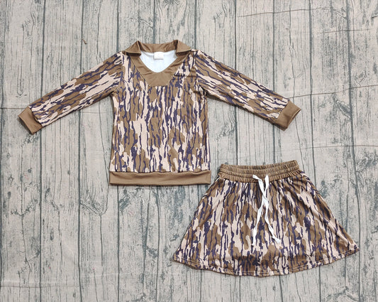 12.3 GLD1478 Smple No Moq Baby Girls Olive Camo Long Sleeve Skirts Shorts Hunting Clothes Sets