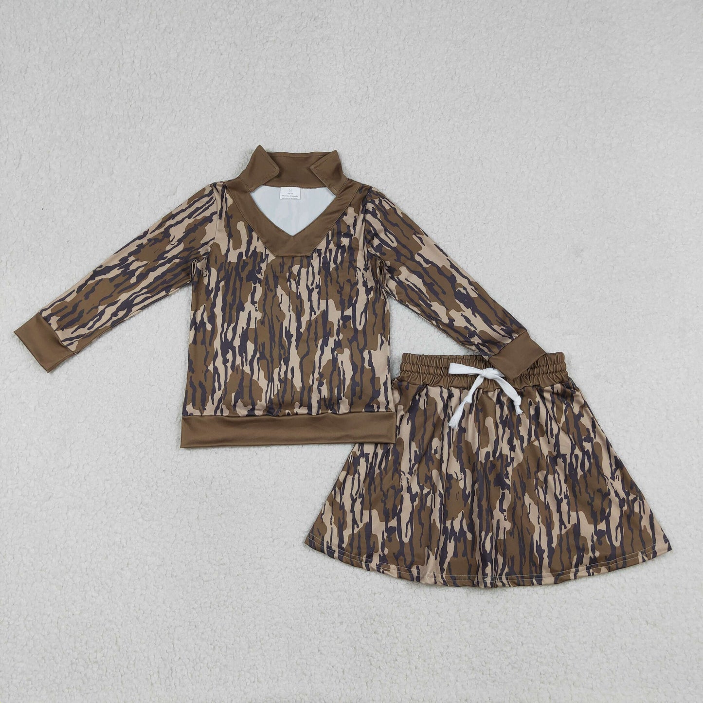 12.26 RTS NO MOQ （In stock）GLD1478 Baby Girls Olive Camo Long Sleeve Top Skirts Shorts Hunting Clothes Sets