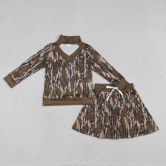 12.26 RTS NO MOQ （In stock）GLD1478 Baby Girls Olive Camo Long Sleeve Top Skirts Shorts Hunting Clothes Sets