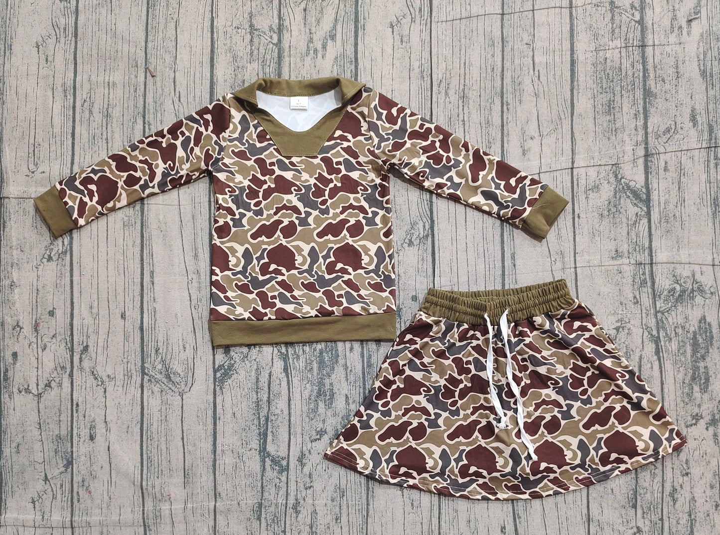 12.3 GLD1479 Smple No Moq Baby Girls Brown Camo Long Sleeve Skirts Shorts Hunting Clothes Sets