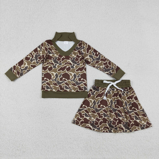 12.23 RTS NO MOQ （In stock）GLD1479 Baby Girls Brown Camo Long Sleeve Skirts Shorts Hunting Clothes Sets