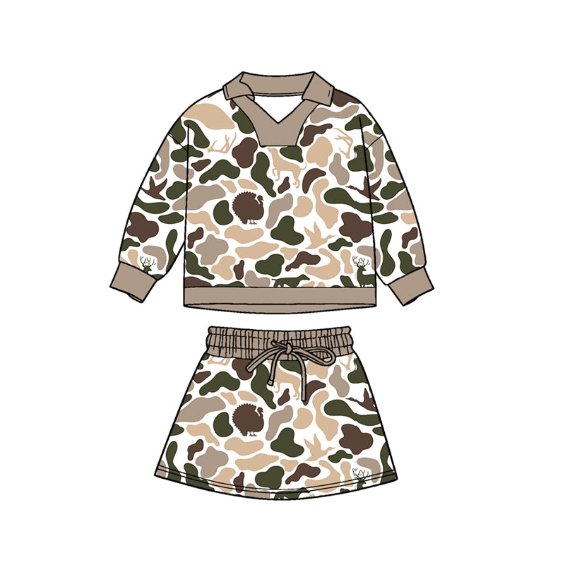 11.4 GLD1480 Pre order No Moq Baby Girls Turkey Dogs Camo Long Sleeve Skirts Shorts Southern Clothes Sets