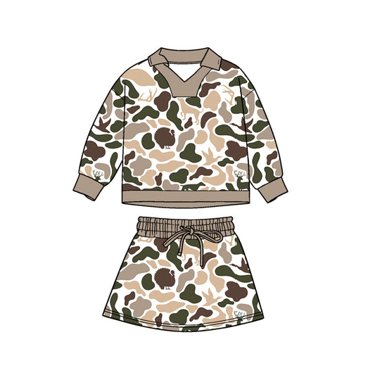 11.4 GLD1480 Pre order No Moq Baby Girls Turkey Dogs Camo Long Sleeve Skirts Shorts Southern Clothes Sets