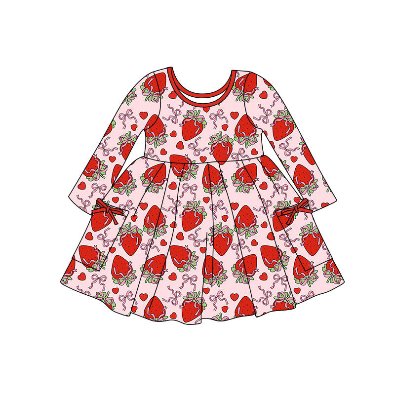 11.7 GLD1489 Pre order No Moq Baby Girls Hearts Bows Strawberry Pockets Valentine Knee Length Dresses