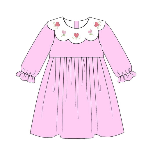 11.8 GLD1496 Pre order No Moq Baby Girls Pink Long Sleeve Hearts Flowers Valentine Knee Length Dresses