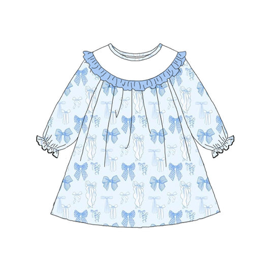 11.8 GLD1497 Pre order No Moq Baby Girls Blue Long Sleeve Bows Plaid Valentine Knee Length Dresses