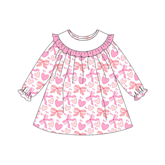 11.8 GLD1498 Pre order No Moq Baby Girls Pink Long Sleeve Bows Hearts Valentine Knee Length Dresses