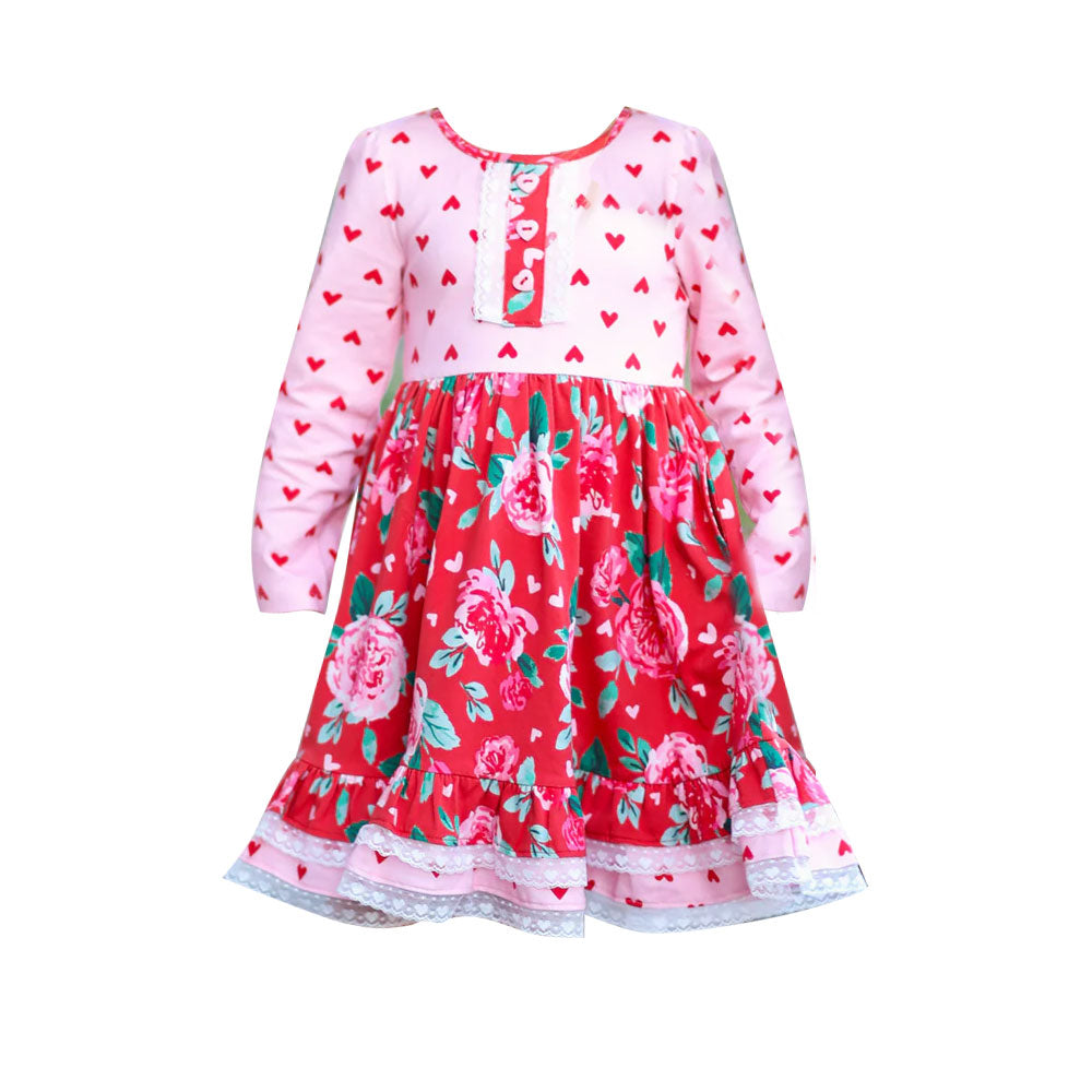 11.8 GLD1499 Pre order No Moq Baby Girls Pink Long Sleeve Flowers Hearts Valentine Knee Length Dresses