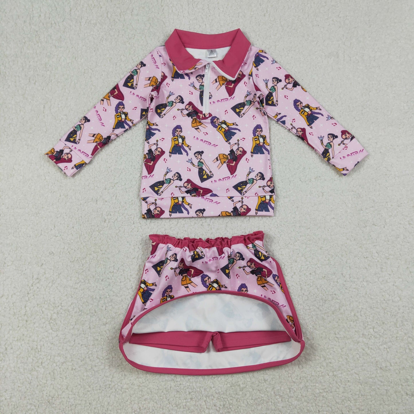 1.13 RTS NO MOQ （In stock）GLD1500 Baby Girls Pink Demon Hunter Zipper Pullovers Skirt Shorts Yoga Active Clothes Sets