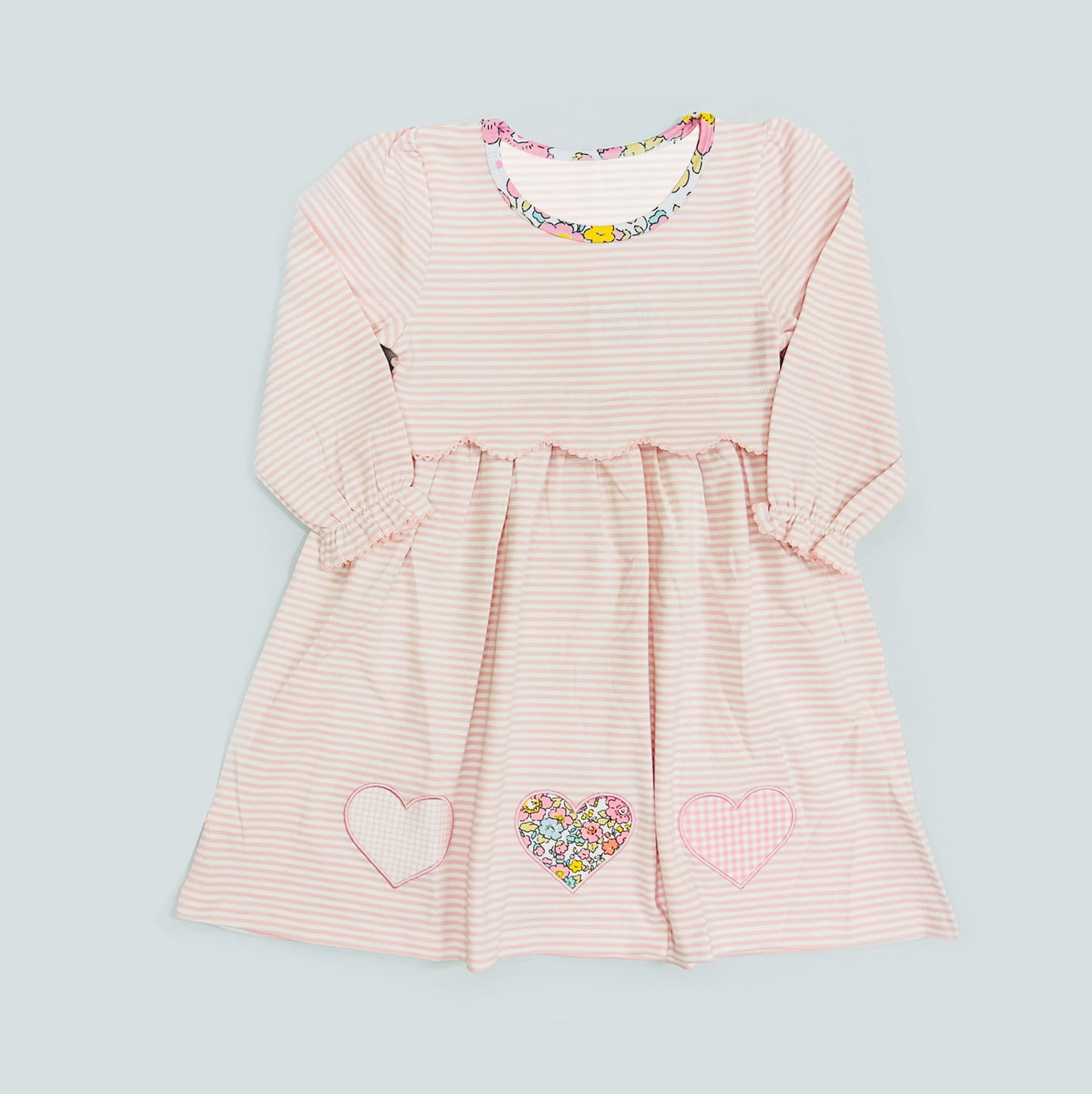 11.18 GLD1515 Pre order No Moq Baby Girls Peach Stripe Floral Hearts Valentines Knee Length Dresses