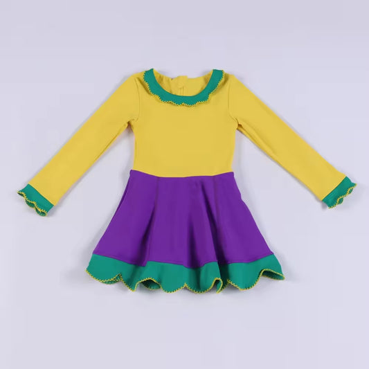 11.20 GLD1519 Pre order No Moq Yoga fabric Baby Girls Long Sleeve Mardigras Yoga Ruffle Collar Knee length Dresses