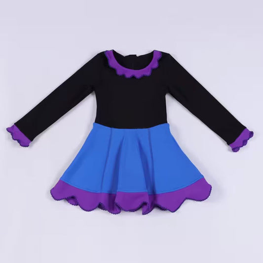 11.20 GLD1520 Pre order No Moq Yoga fabric Baby Girls Black Blue Purple Yoga Ruffle Collar Knee length Dresses