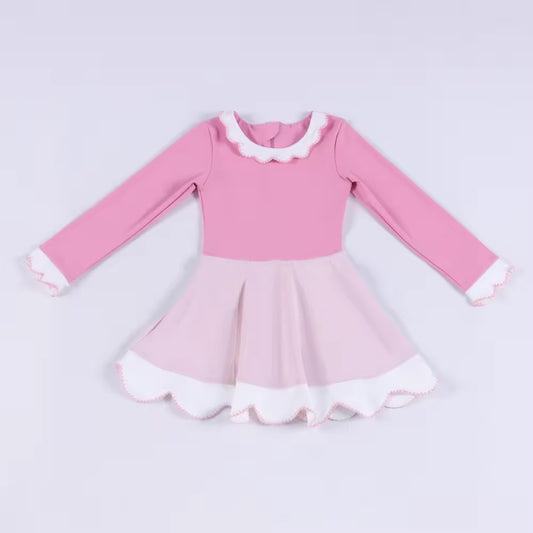 11.20 GLD1522 Pre order No Moq Yoga fabric Baby Girls White Pink Yoga Ruffle Collar Knee length Dresses
