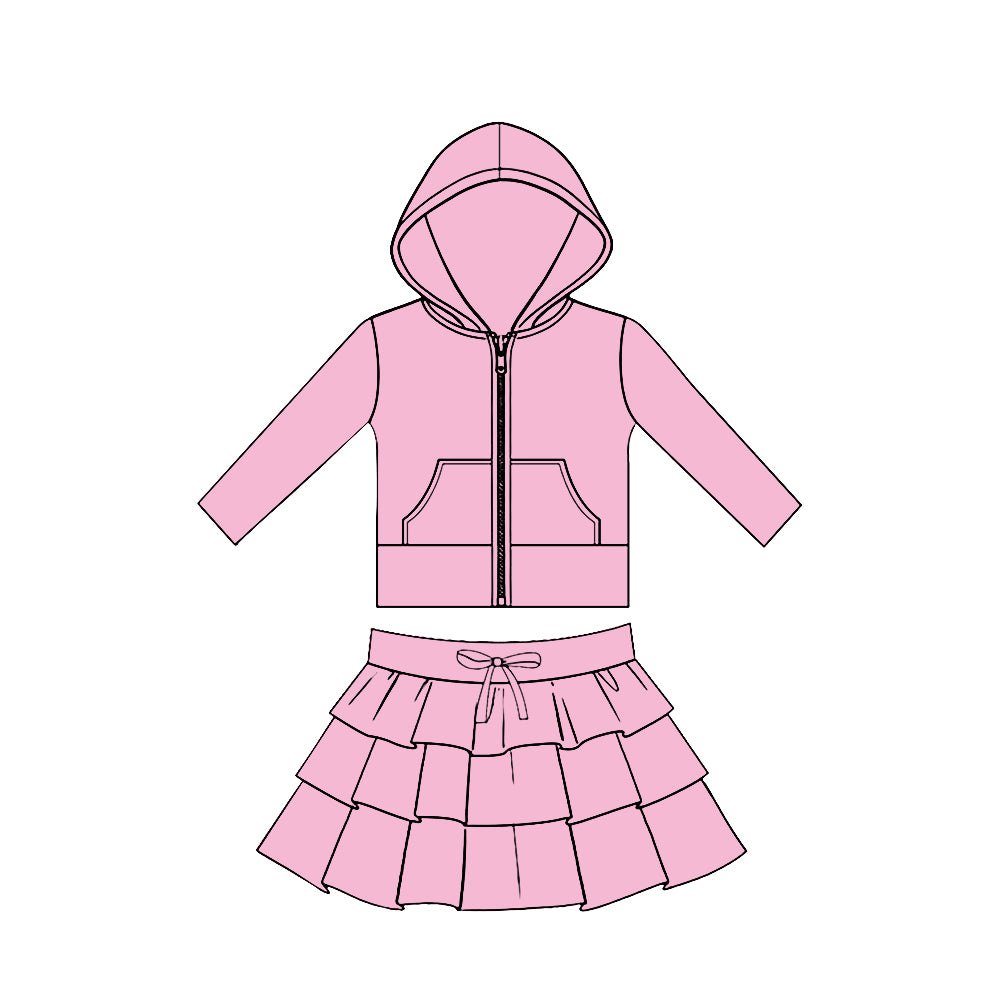 11.20 GLD1523 Pre order No Moq Yoga fabric Baby Girls Pink Pockets Zip Hoodies Jacket Ruffle Skirt Shorts Yoga Clothes Sets