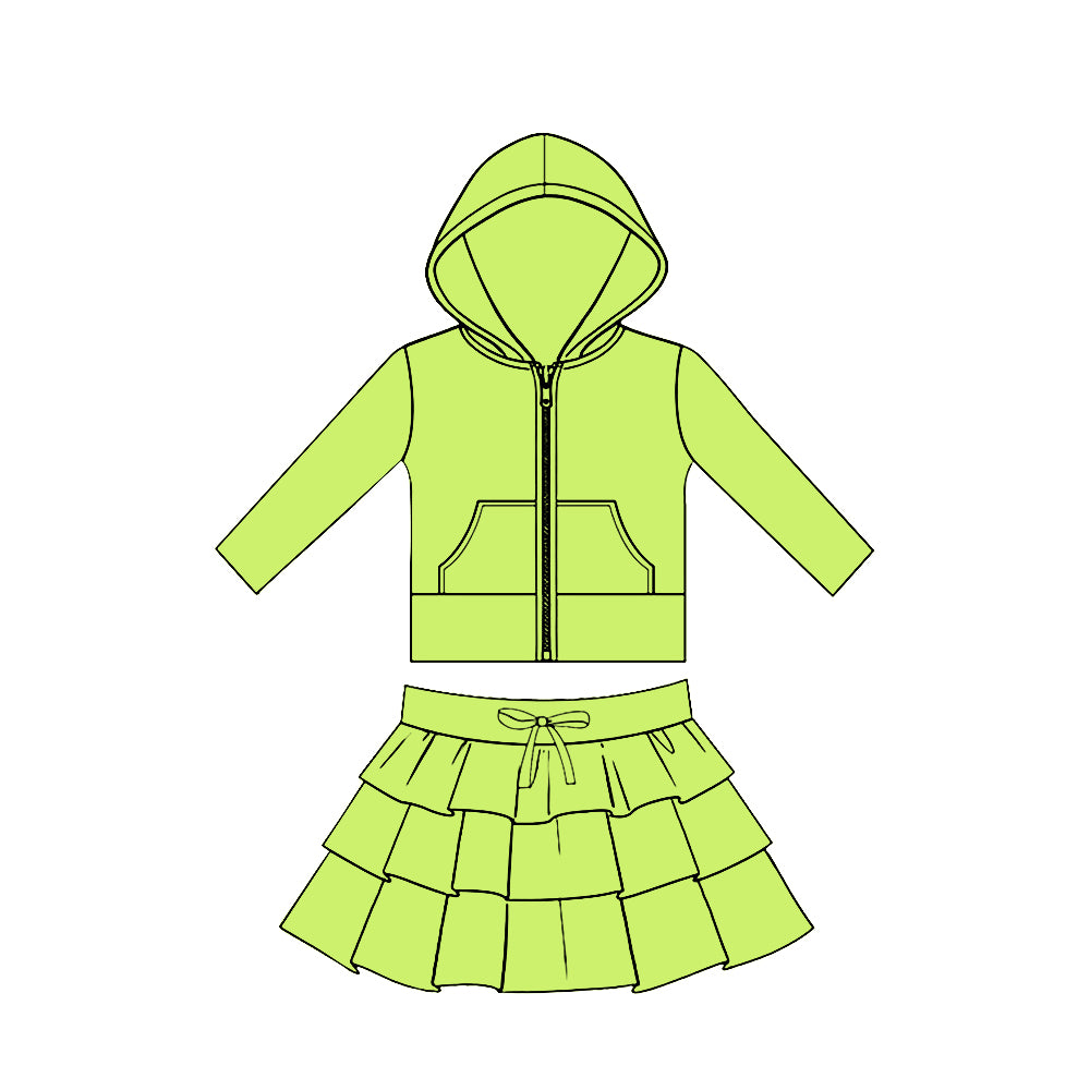 11.20 GLD1525 Pre order No Moq Yoga fabric Baby Girls Green Pockets Zip Hoodies Jacket Ruffle Skirt Shorts Yoga Clothes Sets