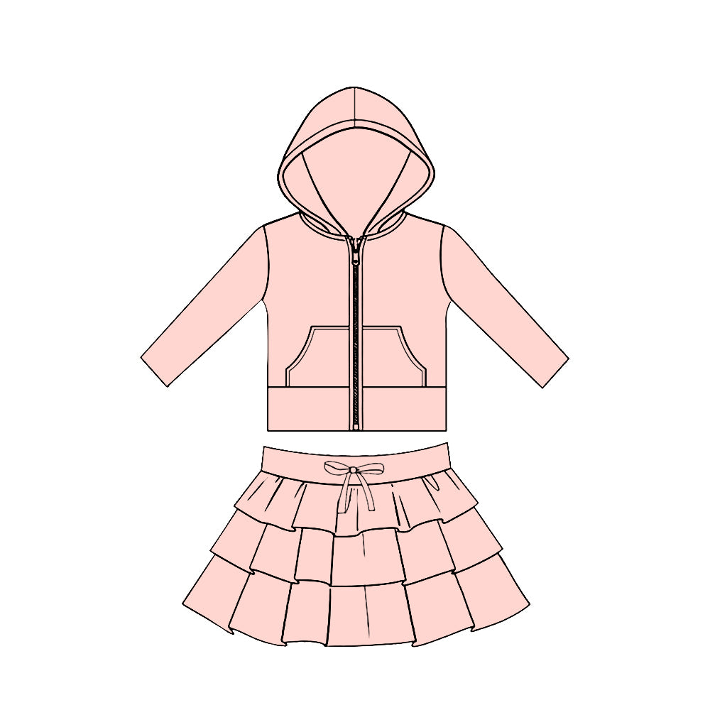 11.20 GLD1529 Pre order No Moq Yoga fabric Baby Girls Light Pink Pockets Zip Hoodies Jacket Ruffle Skirt Shorts Yoga Clothes Sets