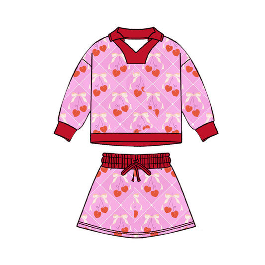 11.20 GLD1538 Pre order No Moq Baby Girls Hearts Cherry Checked Top Skirt Shorts Valentines Clothes Sets