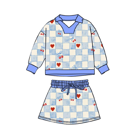 11.20 GLD1539 Pre order No Moq Baby Girls Hearts Cherry Checked Top Skirt Shorts Valentines Clothes Sets