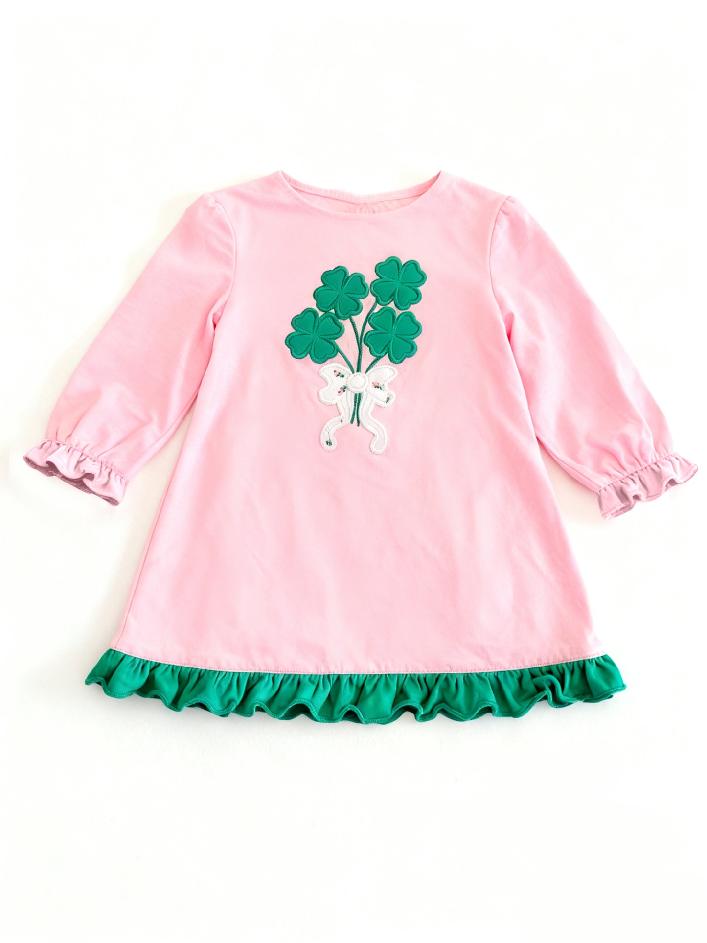 11.20 GLD1540 Pre order No Moq Baby Girls Clovers Bows St Patrick Ruffle Knee Length Dresses
