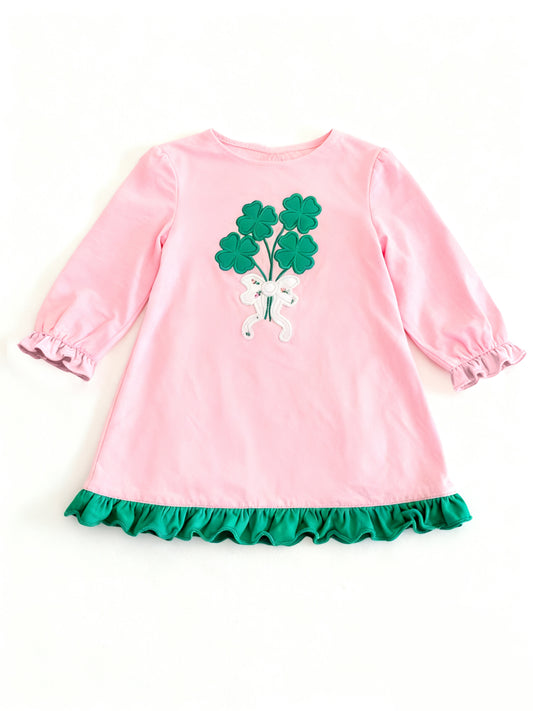 11.20 GLD1540 Pre order No Moq Baby Girls Clovers Bows St Patrick Ruffle Knee Length Dresses