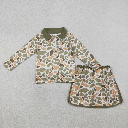 1.17 RTS NO MOQ （In stock）GLD1545 Baby Girls Southern Orange Camo Zip Pullover Skirt Shorts Clothes Sets