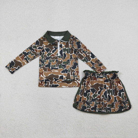 1.17 RTS NO MOQ （In stock）GLD1547 Baby Girls Southern Dark Brown Camo Zip Pullover Skirt Shorts Clothes Sets