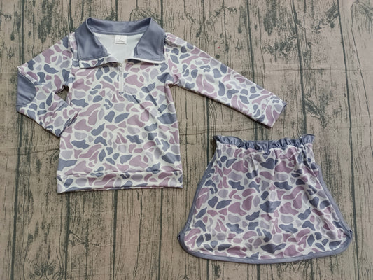 1.5 GLD1548 Smple No Moq Baby Girls Southern Light Grey Camo Zipper Pullover Skirt Shorts Clothes Sets