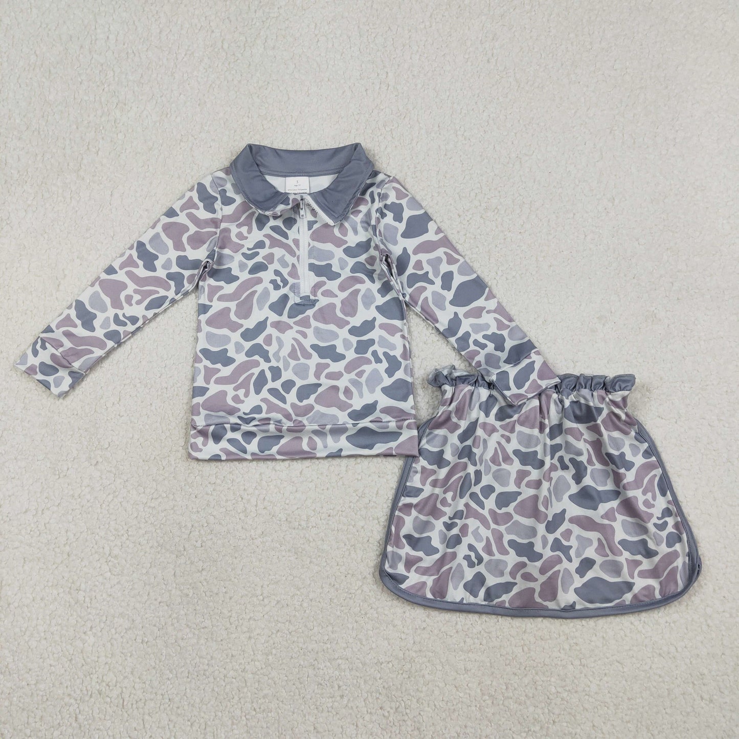 1.19 RTS NO MOQ （In stock）GLD1548 Baby Girls Southern Light Grey Camo Zip Pullover Skirt Shorts Clothes Sets