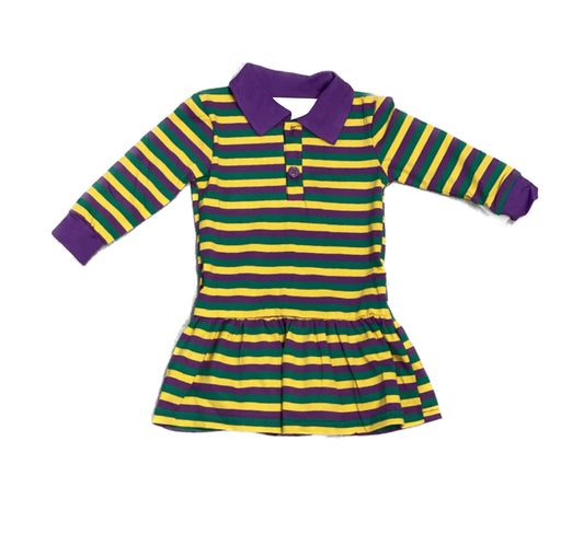 12.9 GLD1566 Pre order No Moq Baby Girls Mardigras Stripe Button Ruffle Knee Length Dresses