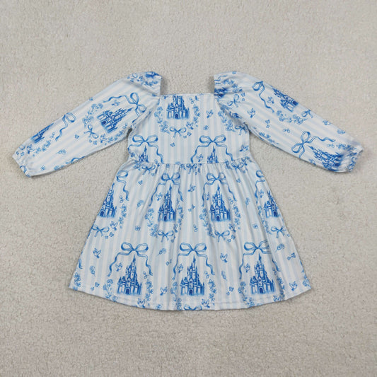 1.20 RTS NO MOQ （In stock）GLD1567 Baby Girls Winter Dress Baby Girls Blue Stripe Bows Castles Knee Length Dresses