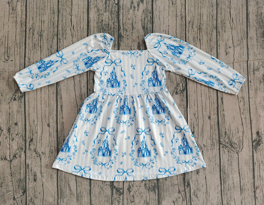 12.20 GLD1567 Sample No Moq Baby Girls Blue Stripe Bows Castles Knee Length Dresses