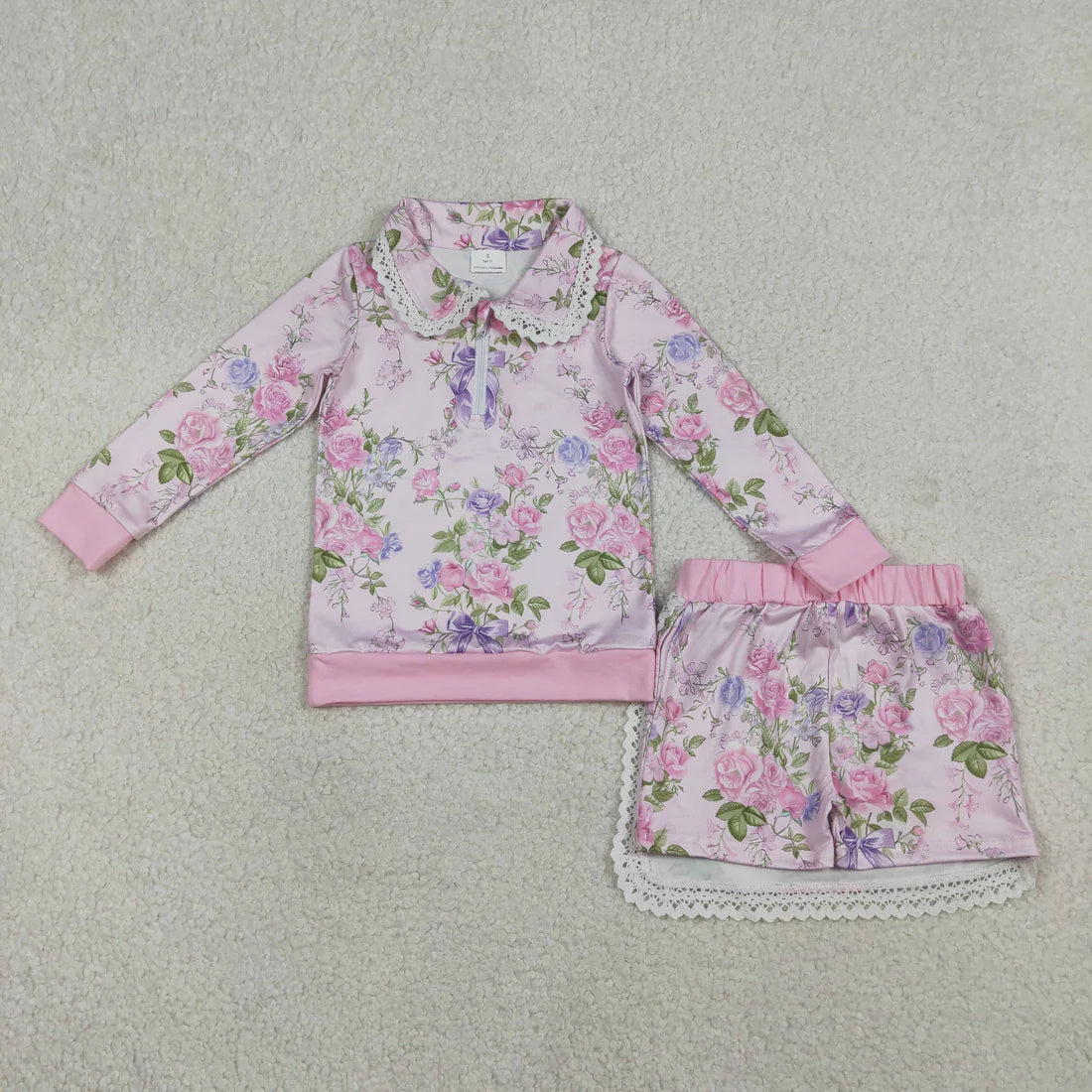 1.23 RTS Sibling Baby Girls Long Sleeve Pink Flowers Collar Top Ruffle Skirt Shorts Clothes Sets