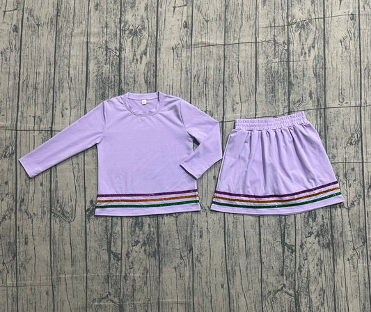 1.8 GLD1573 Smple No Moq Baby Girls Purple Long Sleeve Mardigras Stripe Top Skirt Short Clothes Sets